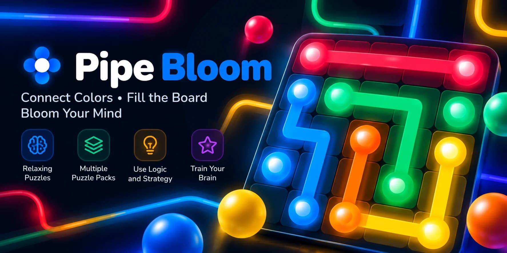 Pipe Bloom feature illustration: connect colored pipes and fill the puzzle board