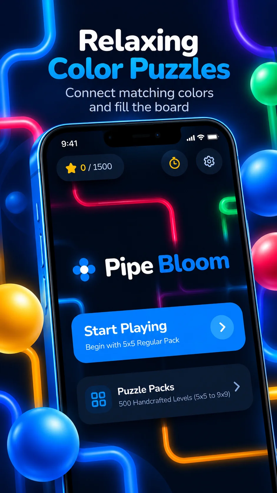 Pipe Bloom promotional image showing the relaxing game home screen