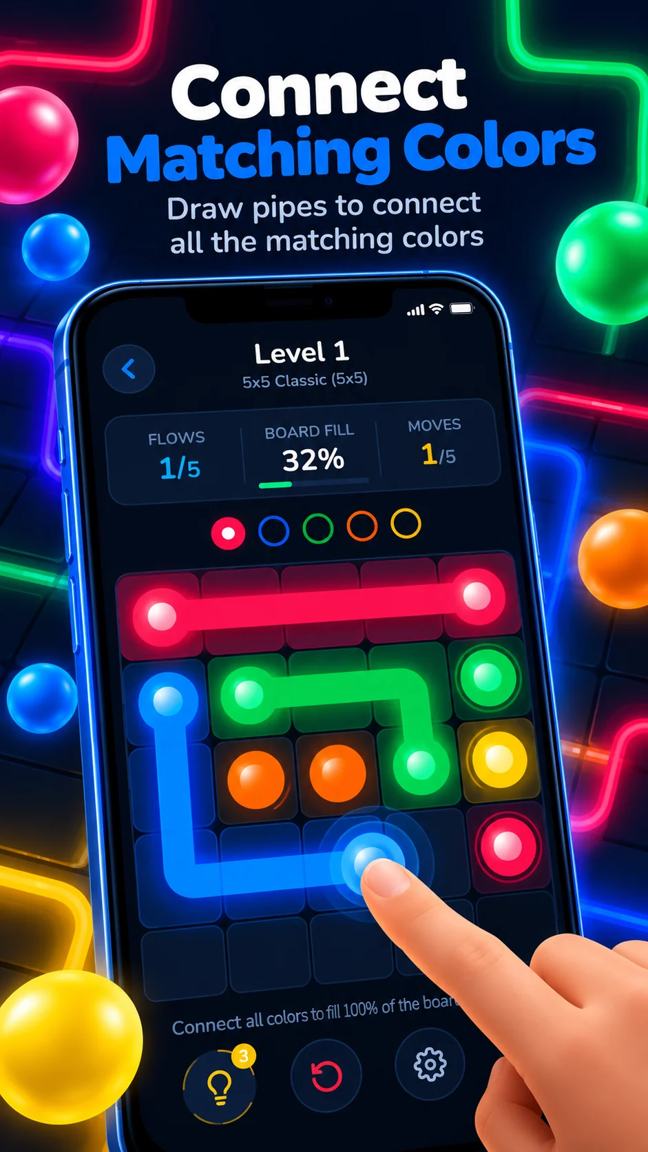 Promotional illustration of Pipe Bloom's neon color-connecting gameplay on a phone